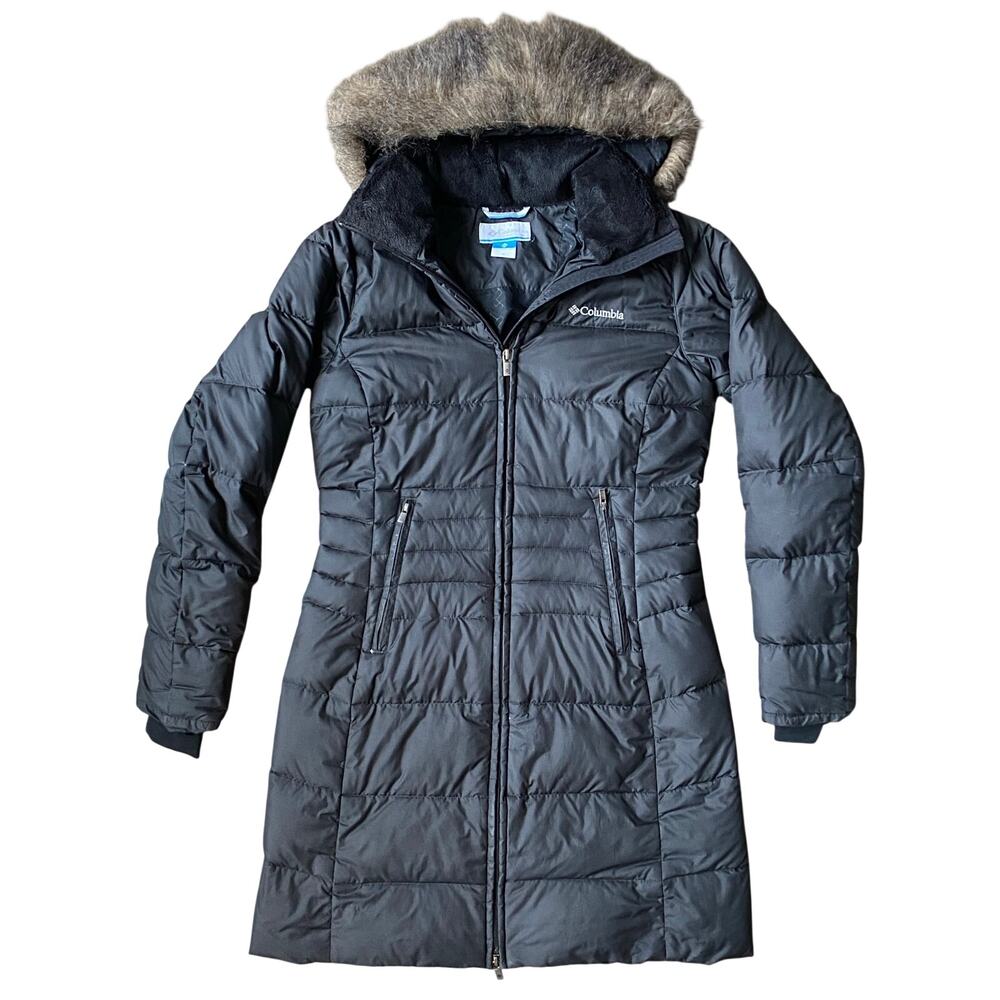 Columbia Puffer Coat Sz S Black Down Mid Length Removable Hood
